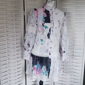 Beulah Style button down monk neck long cuff sleeves white floral dress size M